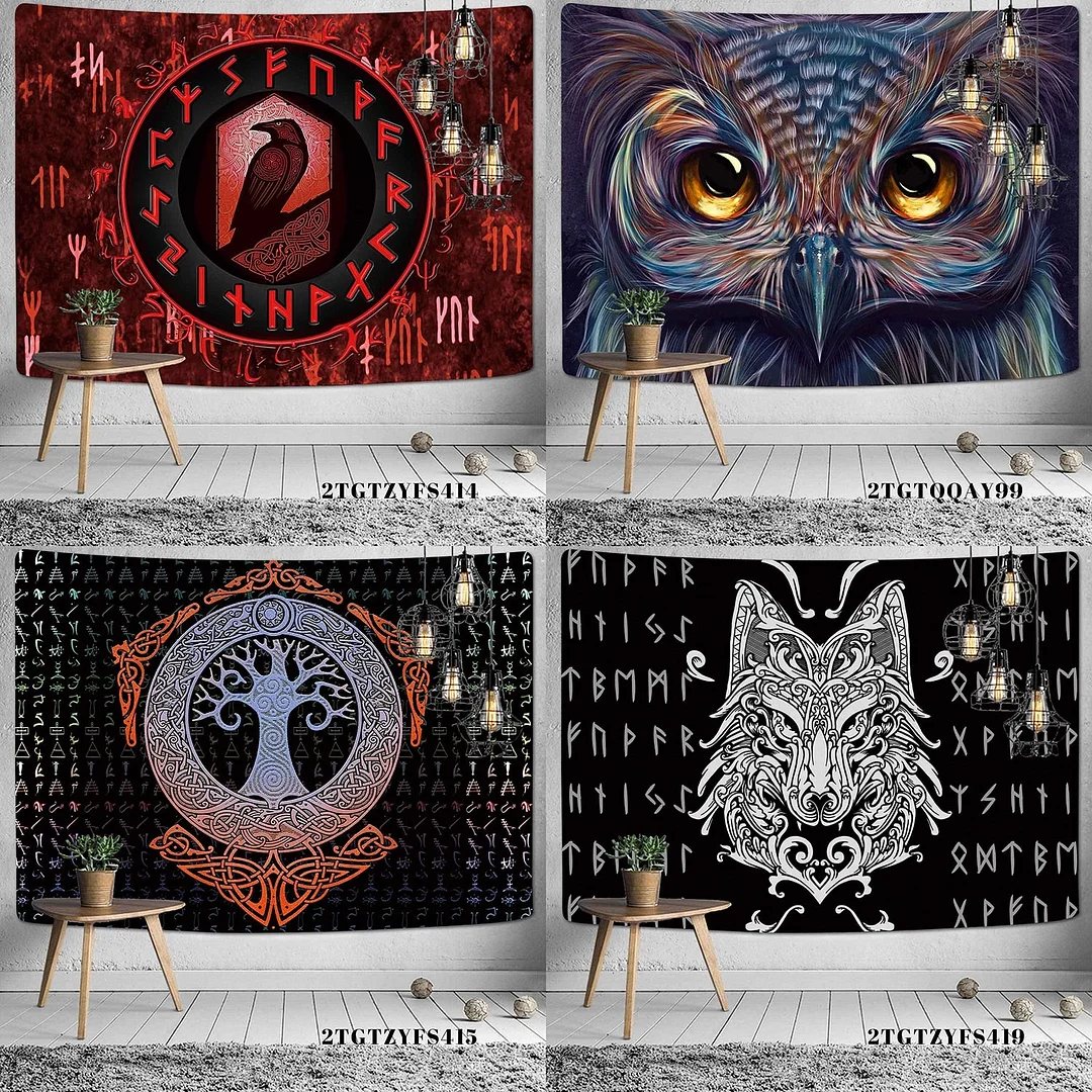 Viking Raven Tapestry Mysterious Viking Meditation Psychedelic Runes Art Wall Hanging Tapestries for Living Room Decor Yoga Mat