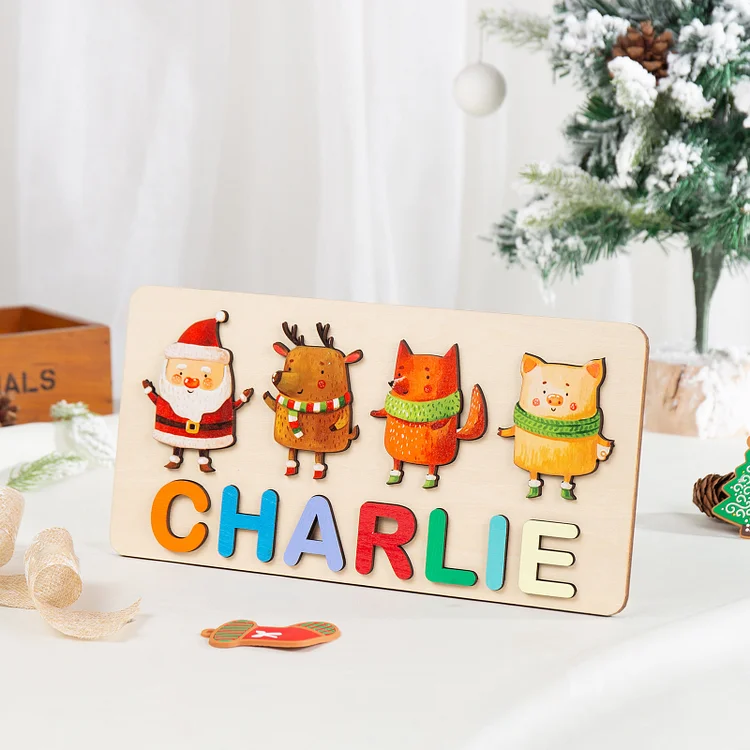 Weihnachtsthema Holz Puzzle-Personalisiertes 1 Name Weihnachten Weihnachtsmann & Tier Puzzle Geschenk für Vorschulkinder