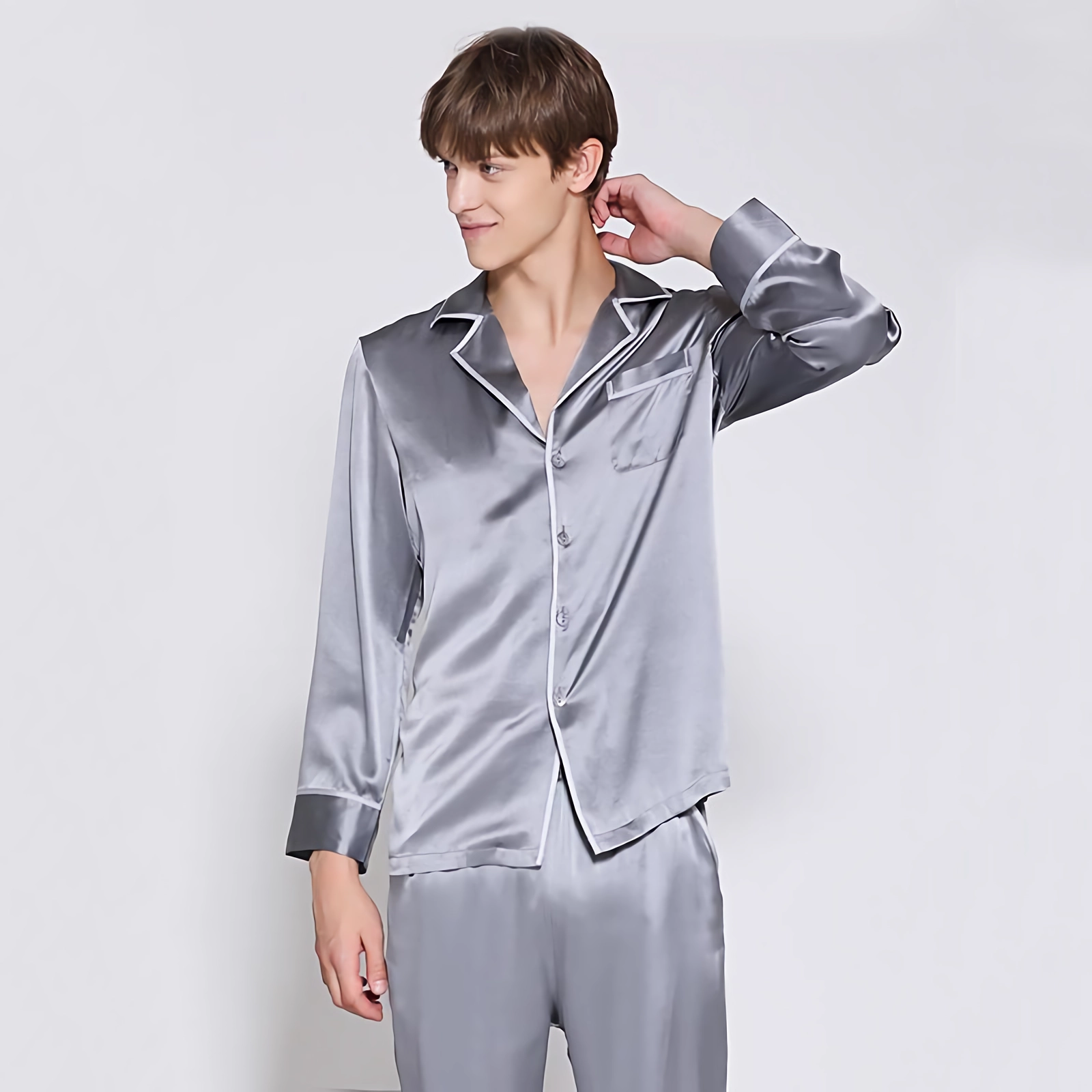 22 Momme Gray Silk Pajamas For Men REAL SILK LIFE
