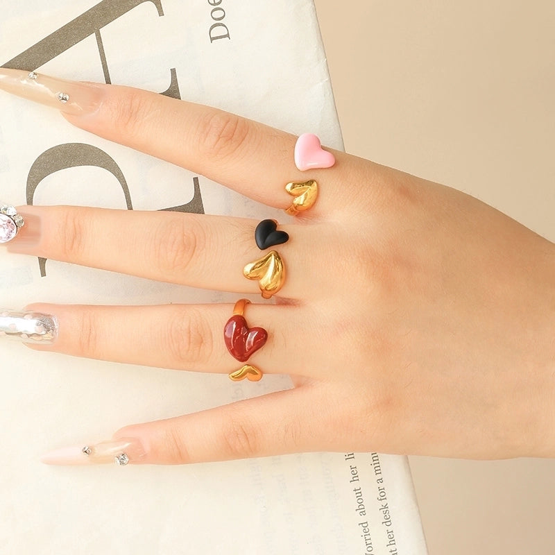 Elegant Sweet Heart Shape 304 Stainless Steel 14K Gold Plated Enamel Open Rings