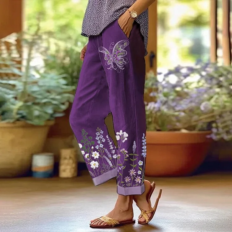 VChics Retro Women's Purple Flower And Butterfly Loose Pocket Splicing Casual Pants