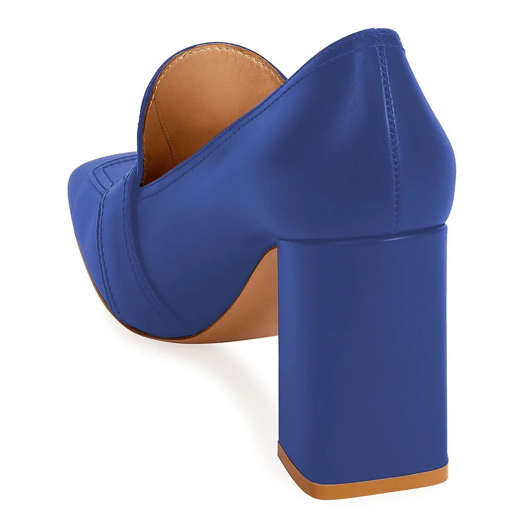 YDN Blue Buckle Strap Square Toe Chunky Heeled Loafers Women