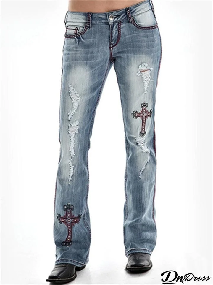 Casual Style Mid-Rise Embroidered Ripped Pocket Straight Jeans