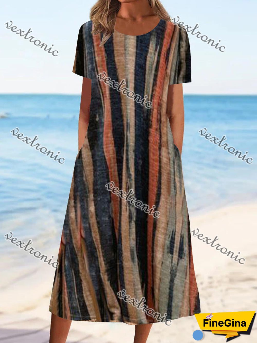 Women's Colorful Scoop Neck Short Sleeve Graphic Midi Dress