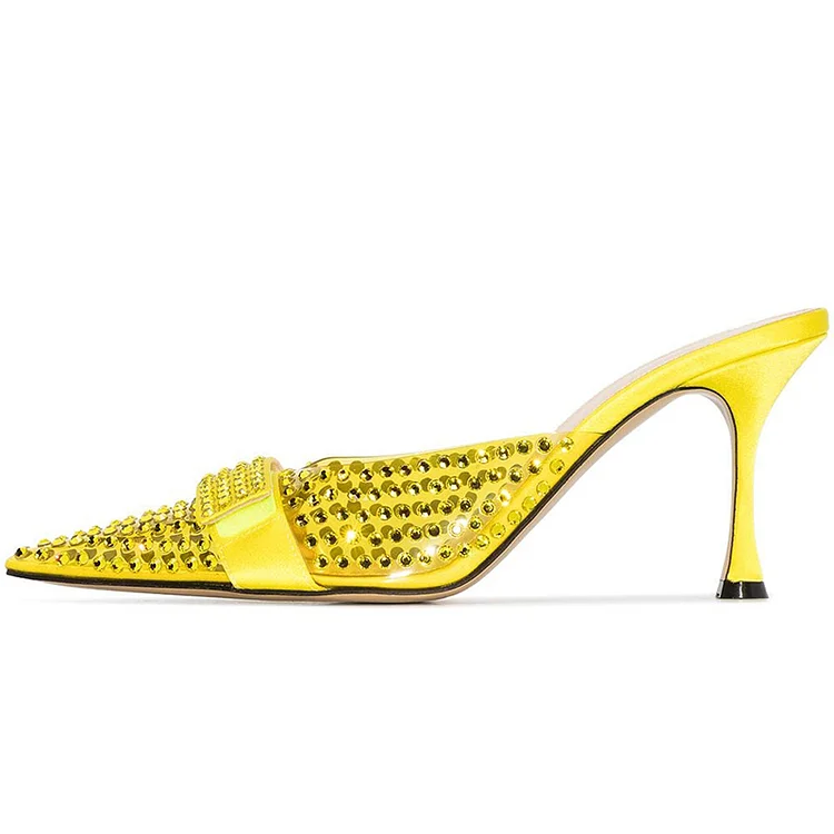 Yellow Rhinestone Kitten Heels Pointed Toe transparent Mules Shoes |FSJ Shoes