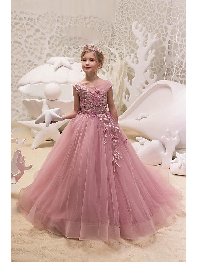 Oknass Ball Gown Cap Sleeve Jewel Neck Flower Girl Dresses Tulle With Appliques