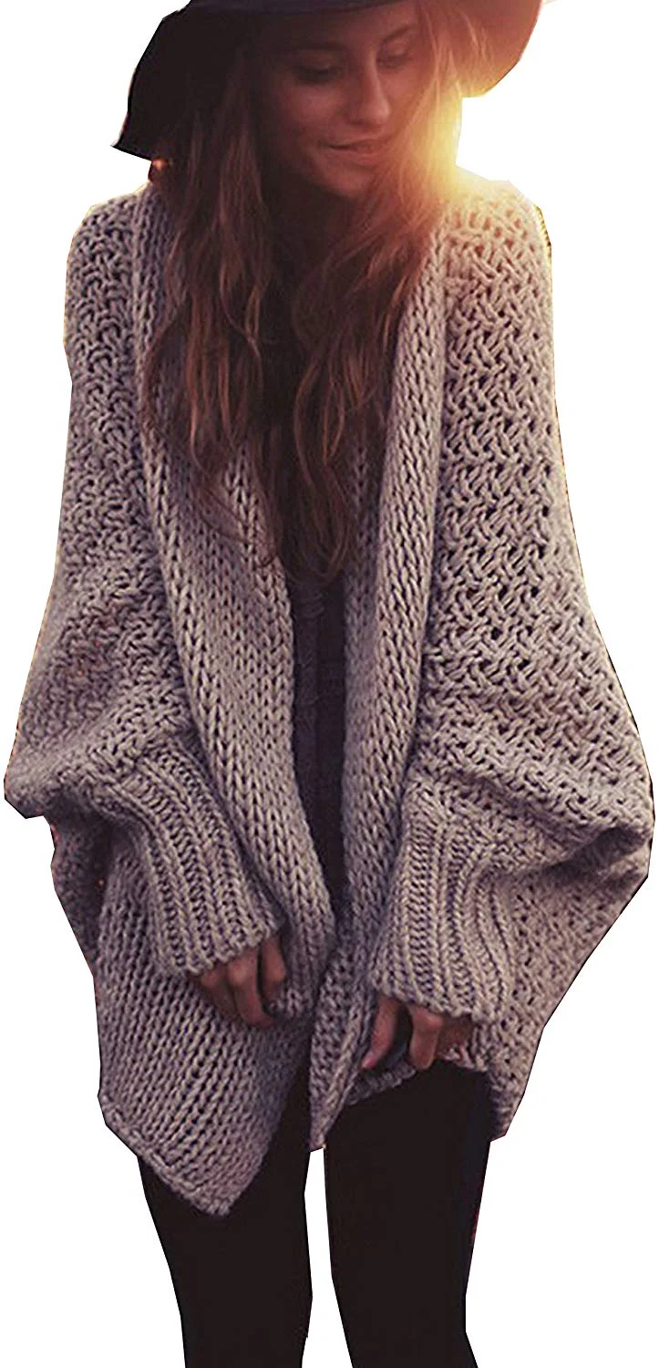 Women Oversized Loose Knitted Sweater Batwing Sleeve Taupe (One Size Fits Most)