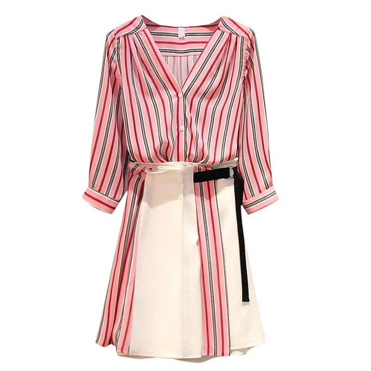 Stripe V-neck T-Shirt High Waist Skirt Two Pieces Set - Modakawa modakawa