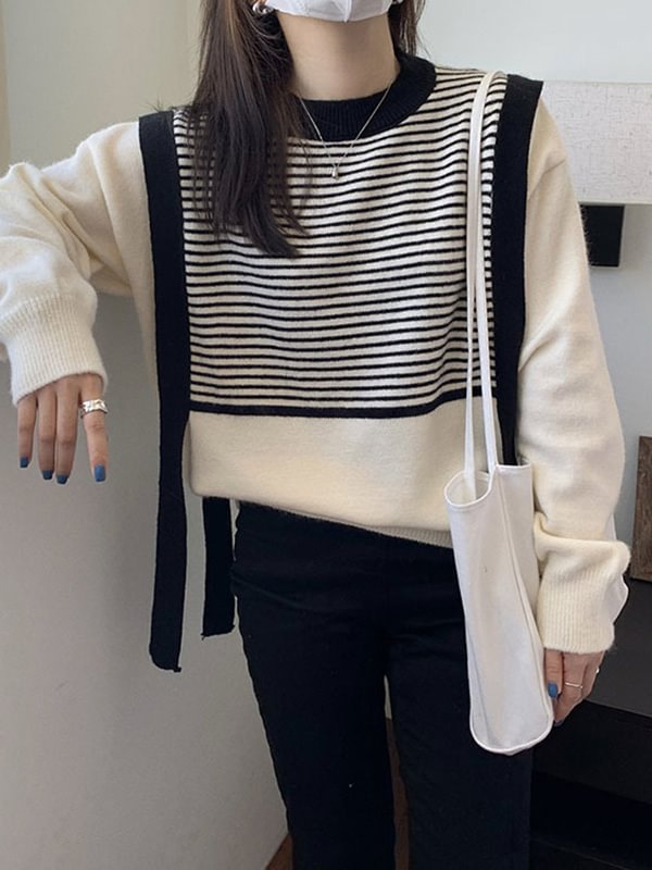 Original Loose 4 Colors Striped Round-Neck Long Sleeves False Two Sweater Top