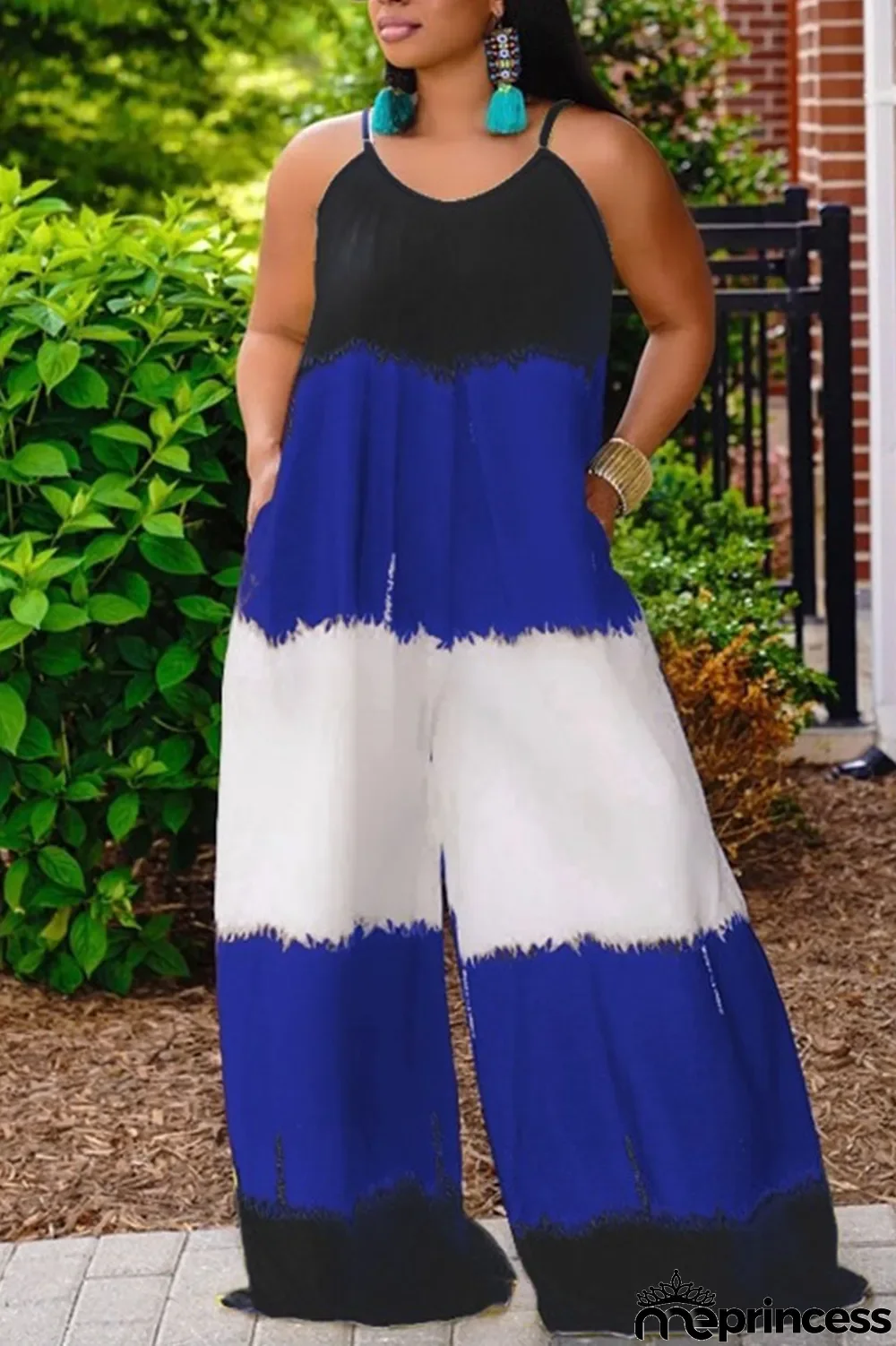 Yellow Casual Print Patchwork Spaghetti Strap Plus Size Jumpsuits