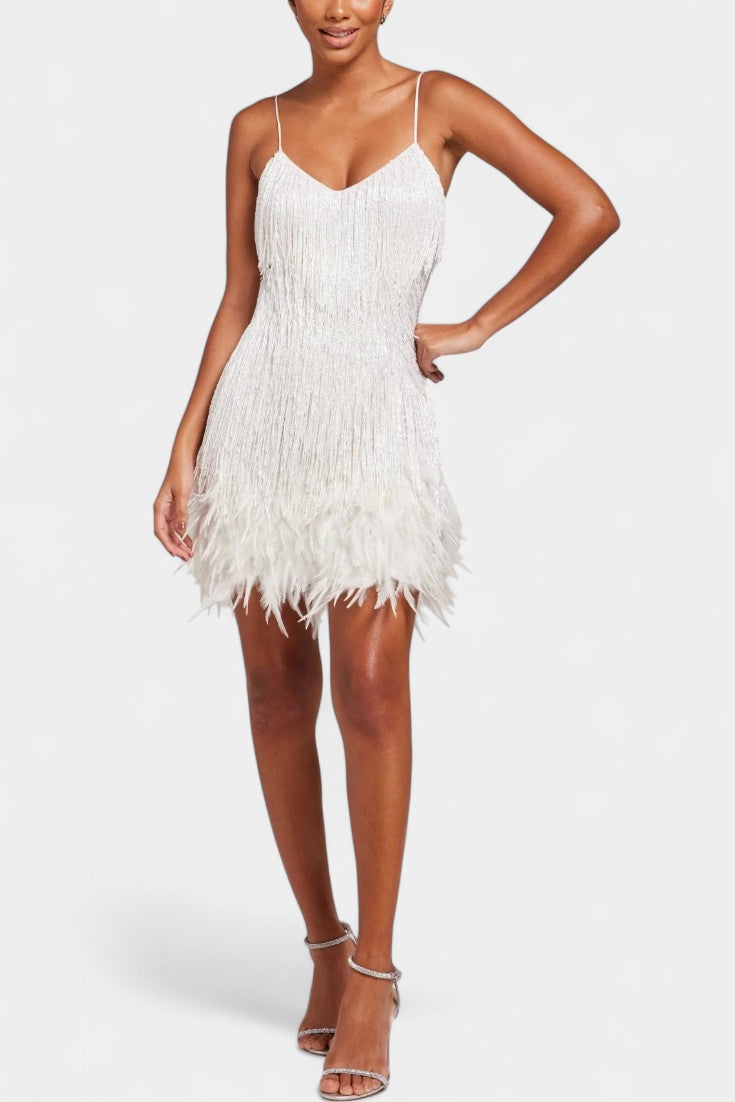 Fringed Mini Dress with V-Neck and Slender Fit