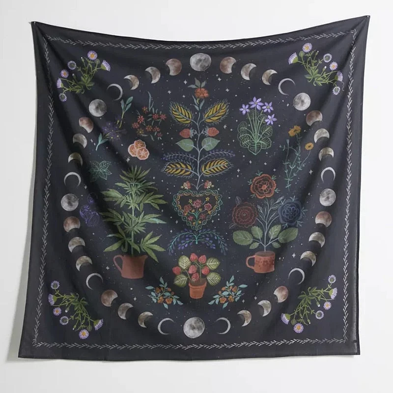 Psychedelic Moon Phase Tapestry Bohemia Flowers Plants Pattern Blanket Tapestry Bedroom Bedspread Decoration Sky Carpet