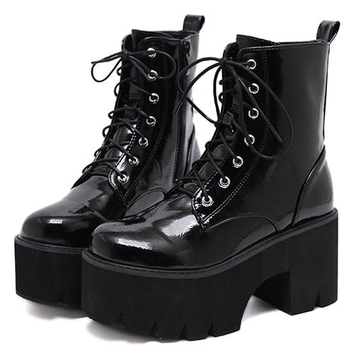 Gdgydh Woman Lace Autumn Boots Womens Ladies Chunky Wedge Platform Black Patent Leather Ankle Boots Punk Goth New Arrival 2021