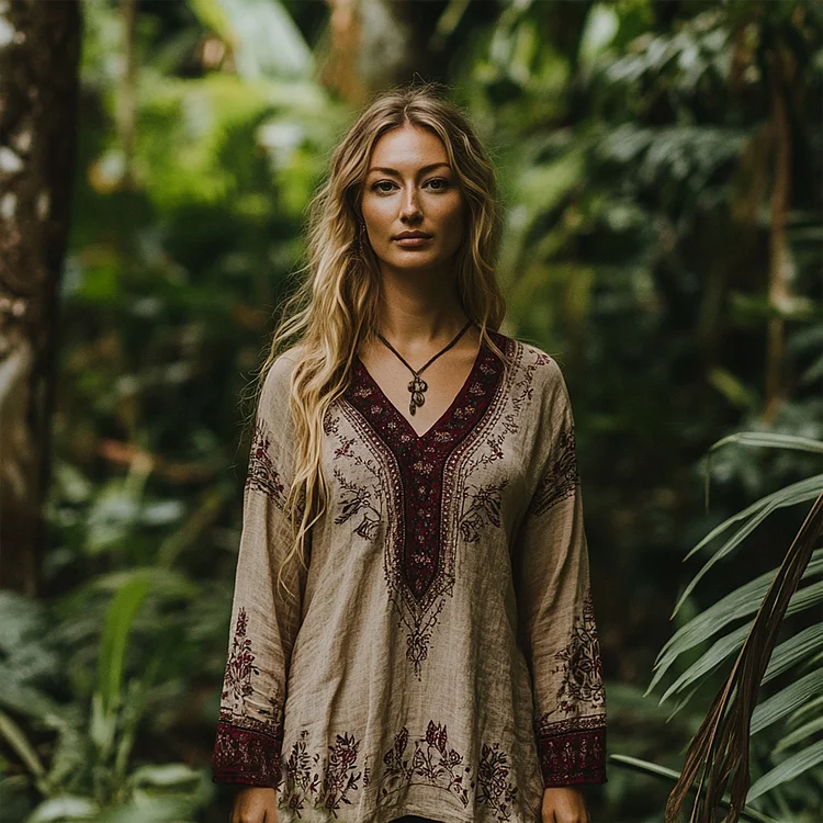 Vintage Bohemian Embroidered Linen V-neck Shirt
