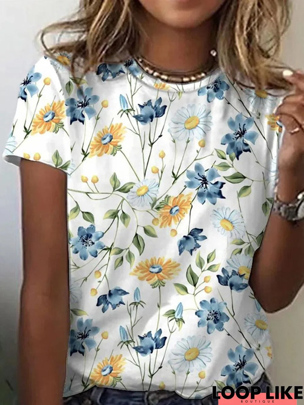 Fashion Flower Print Short Sleeve T-Shirt