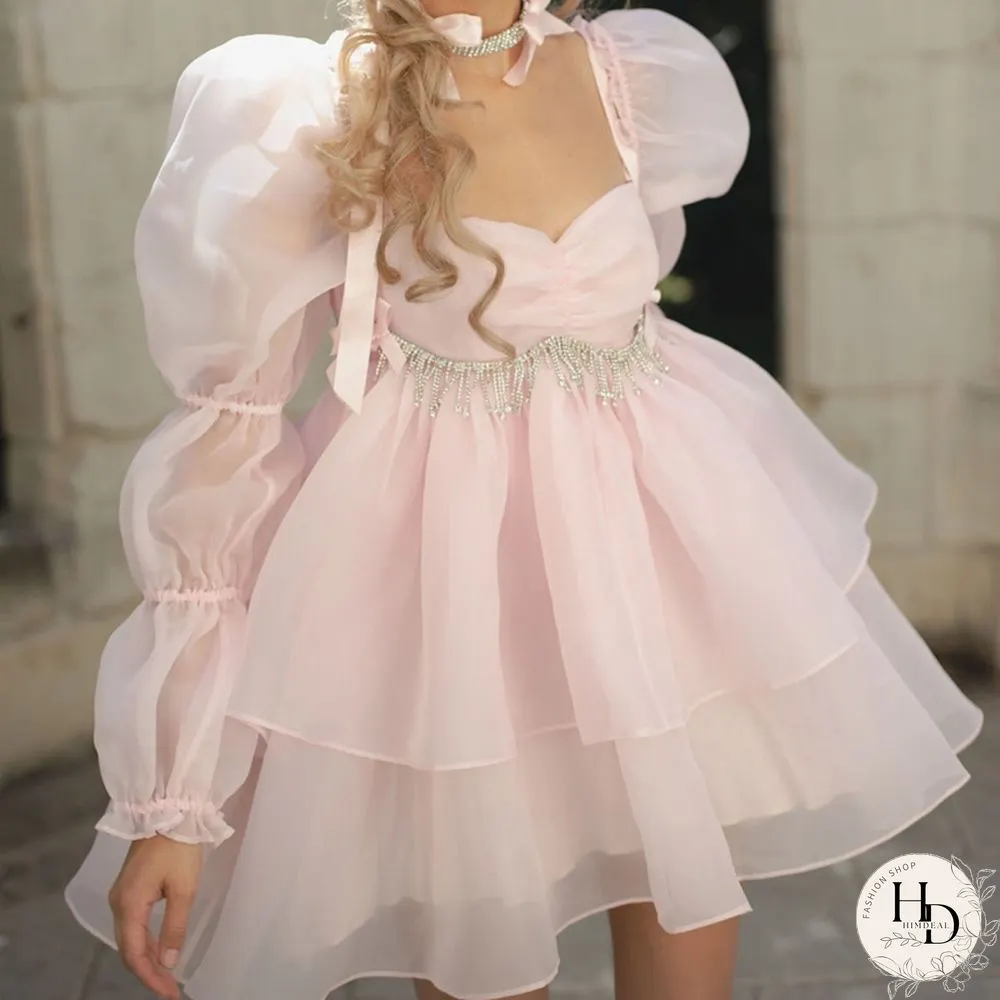 Sweet Girl Moonlight Dress Vintage Backless Long Puff sleeve Ruffles Layered A-line Women
