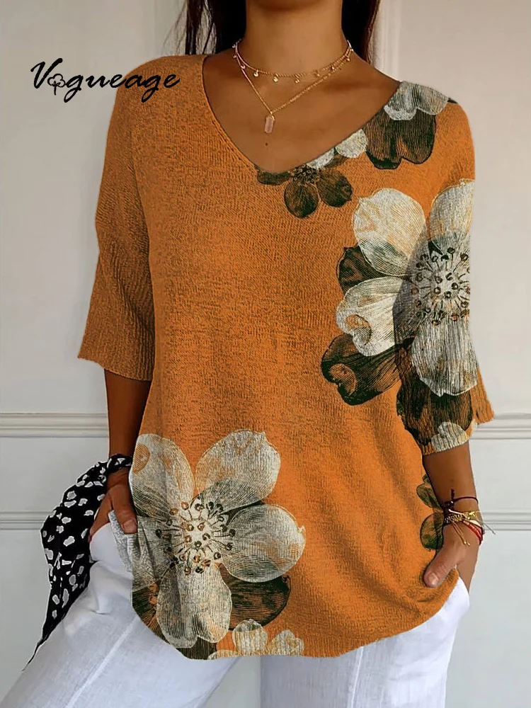Simple Gentle And Versatile Flowers Knitted Sweater