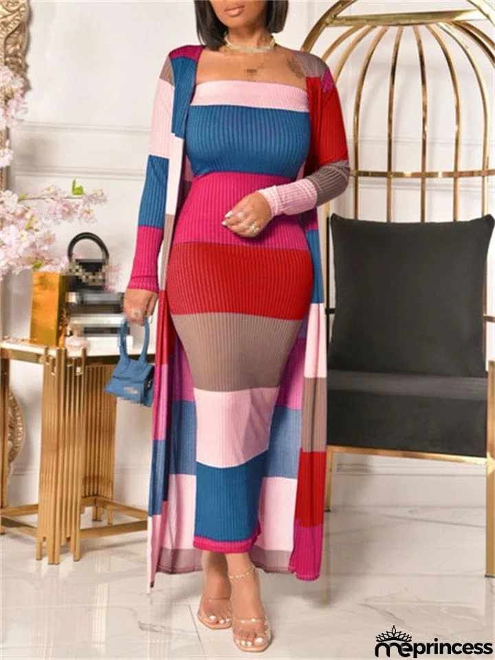 Ankle-Length Striped Design Contrasting Color Two Piece Outfits
