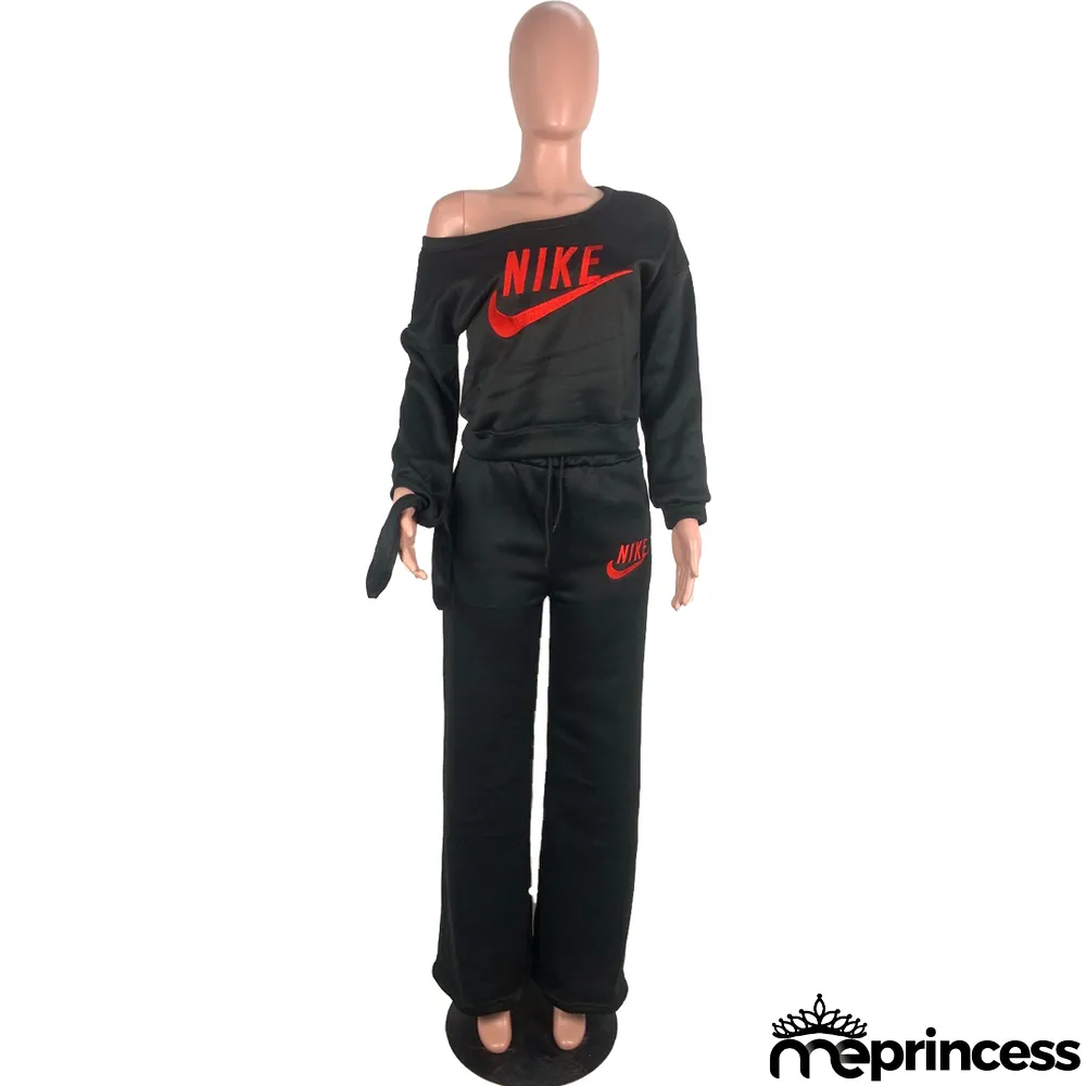 Autumn Casual Logo Print Crop Top and Loose Trousers Set