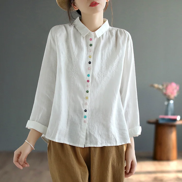 Casual Embroidered Button Long Sleeve Shirt - yankia