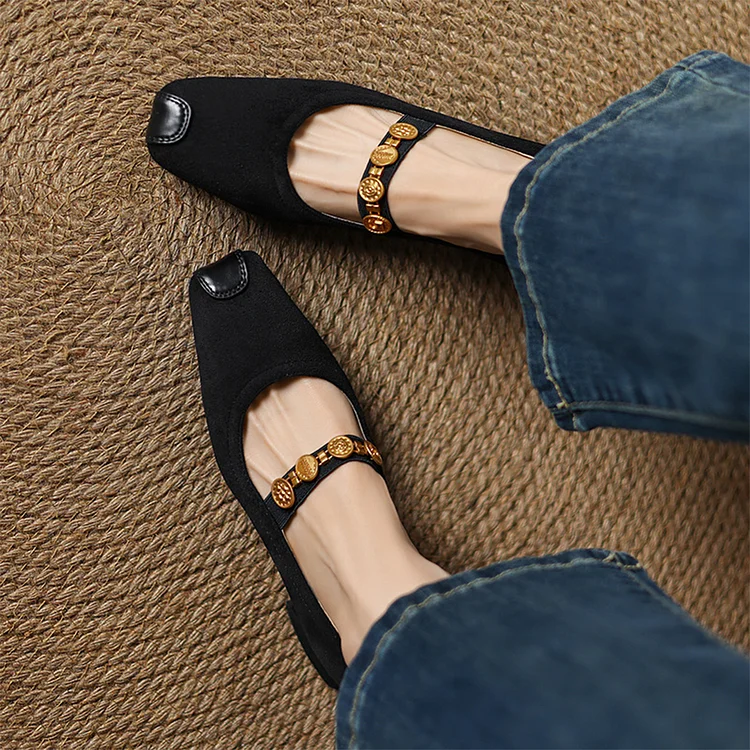 Metal Coin Chain Decor Instep Strap Patchwork Square Toe Chunky Heels