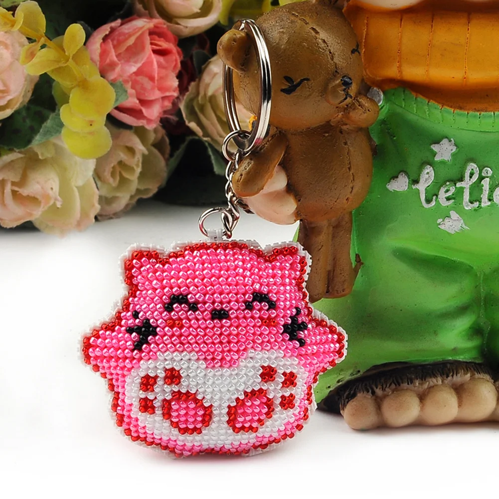 2Pcs Pink Blue Cat - Stamped Bead Embroidery - Keychain