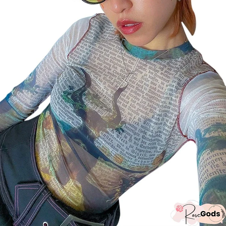 Gothic Harajuku Print Mesh T-Shirt Sexy Hollow Out Long Sleeve Pullover Tee Y2K Fairy Grunge Vintage Women Fall Crop Top