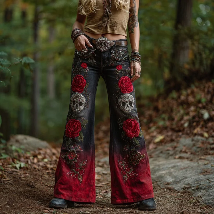 Vintage Skull & Roses Gradient Embroidered Art Skinny Jeans