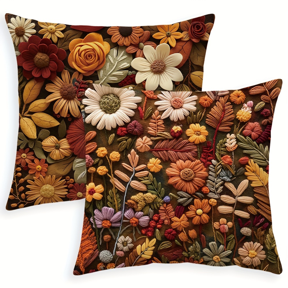 2pcs Boho Chic Autumn Wildflower Throw Pillow Covers, 18x18 Inch - Soft Short Plush, Zip Closure, Hand Washable - Perfect for Farmhouse Decor, Couch & Outdoor Spaces