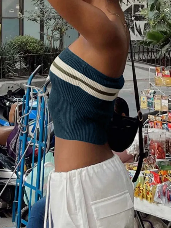 Brownm Dark Blue Knit Striped Bandeau Crop Top