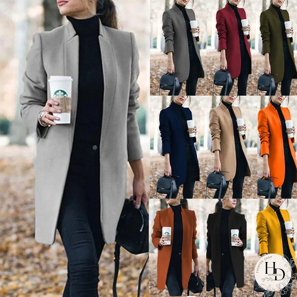 New Autumn and Winter Fashion Womens Solid Color Stand-Up Collar Woolen Coat Lapel Wool