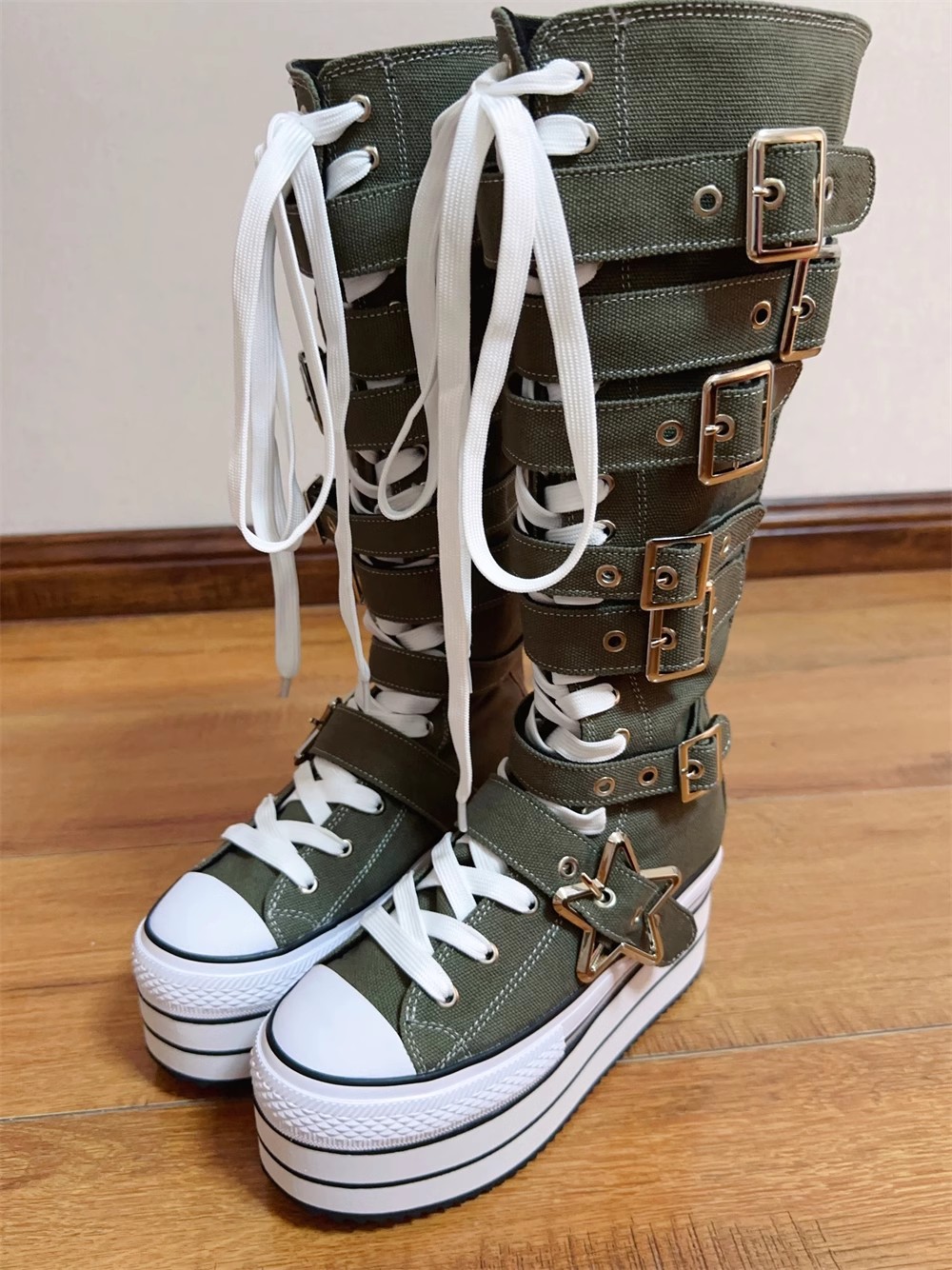 GOOSHOE Wasteland Punk Long Boots High Wedges Heels Pumps Shoes Big Toe Army Green Canvas Shoes