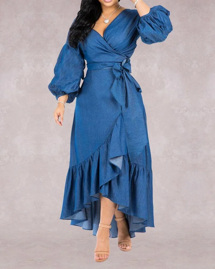 V Neck Ruffled Lantern Sleeve Dress