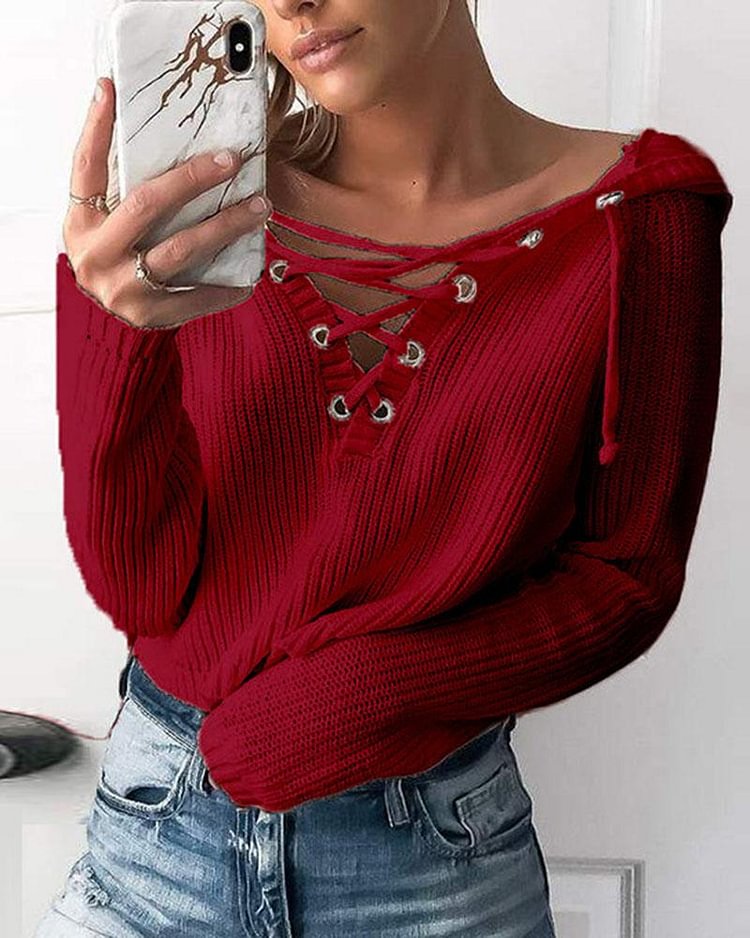 Eyelet Lace Up Front Ribbed Knit Hooded Sweater - Shop Trendy Women's Clothing | LoverChic