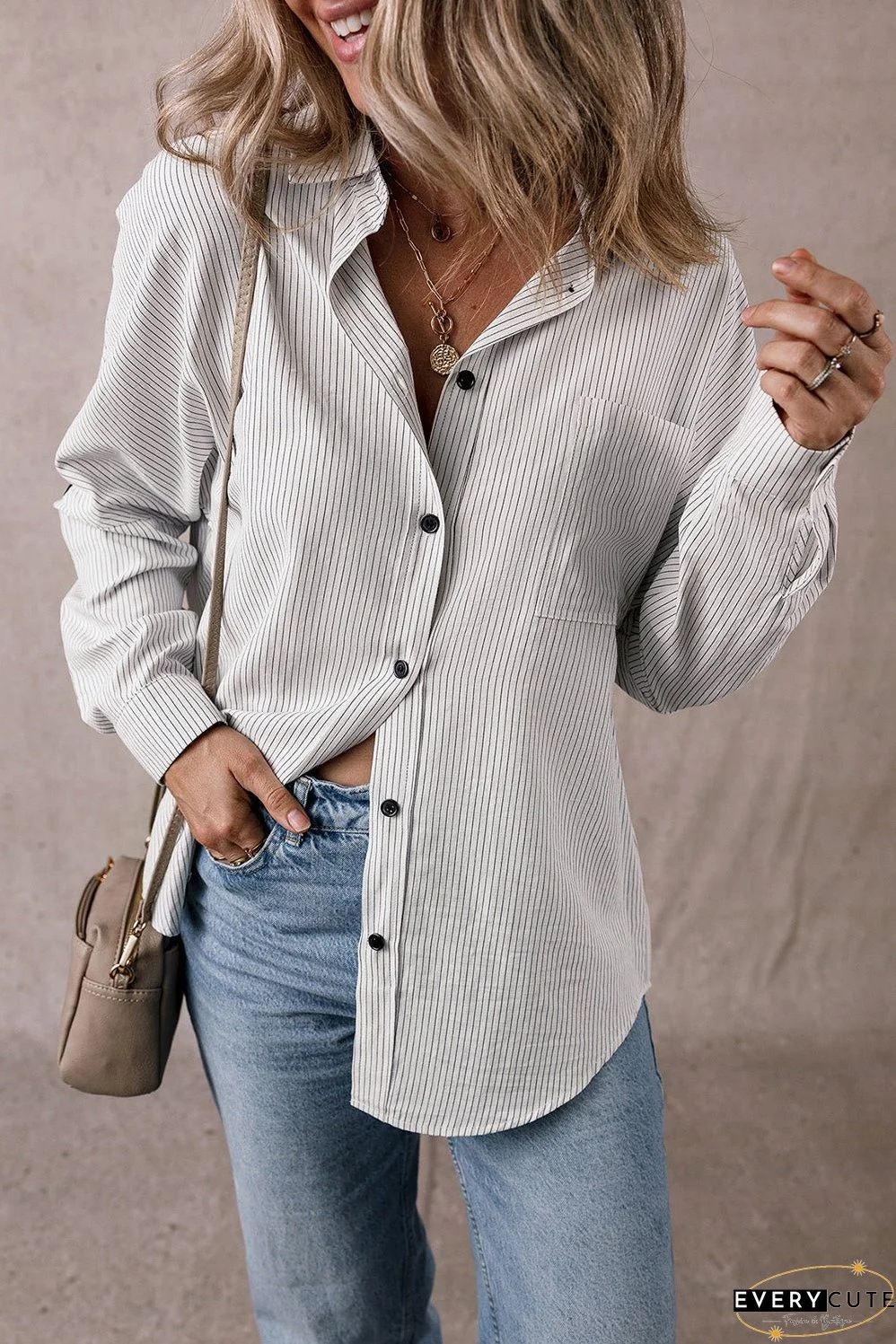 Black Stripe Roll-tab Sleeve Pocketed Long Shirt