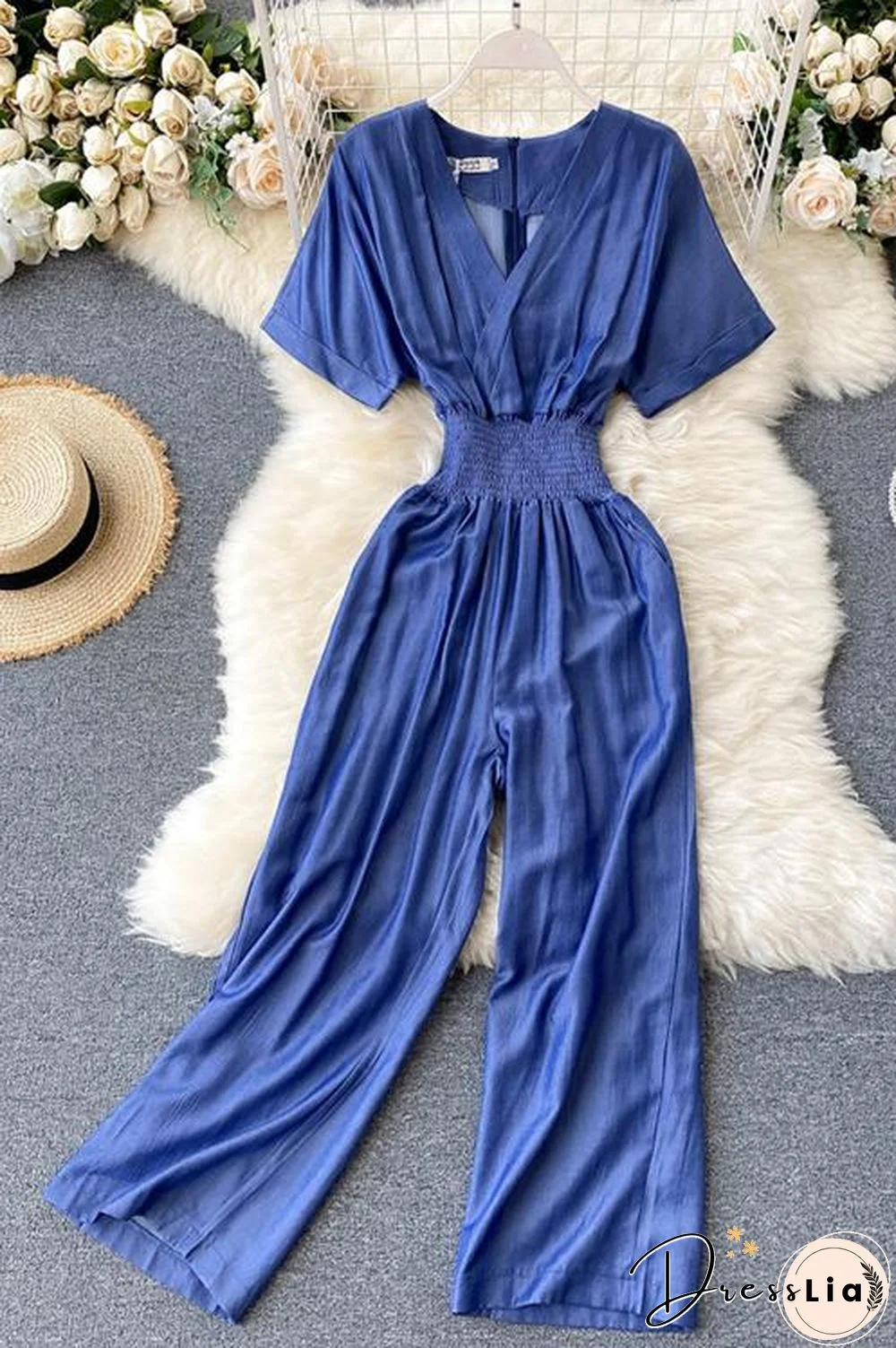 Elastic Waist  V Neck Denim Jumpusits