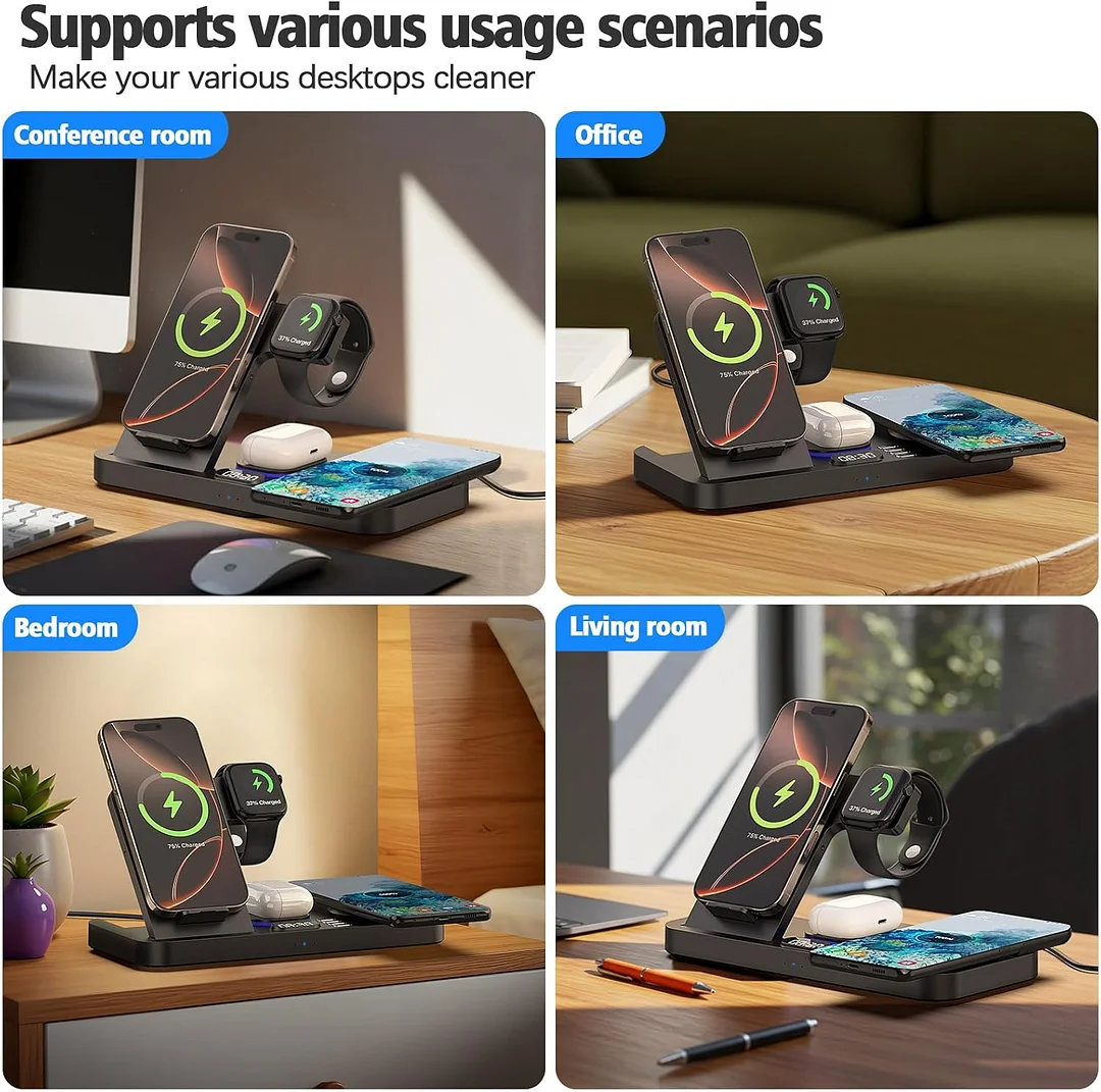 6 in 1 wireless charger, wireless charger with clock and 7 colors night light