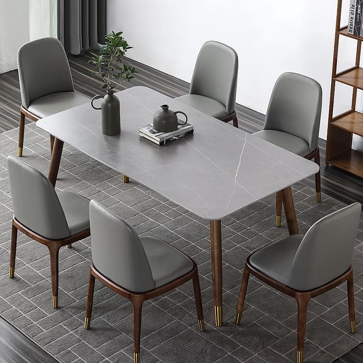 Homemys Modern Dining Table Sintered Stone Top With Solid Wood Legs