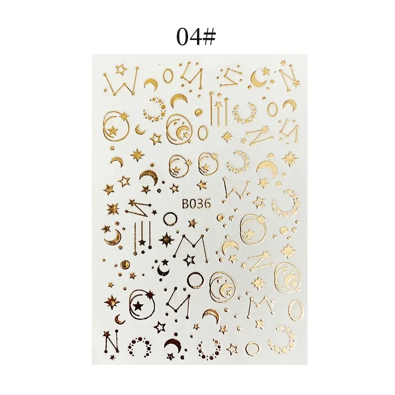 English Letter Design 3D Nail Stickers Iridescent Geometrics Gold Stars Moon Transfer Nail Art Sliders Decoration Accessories-Nail Inspo