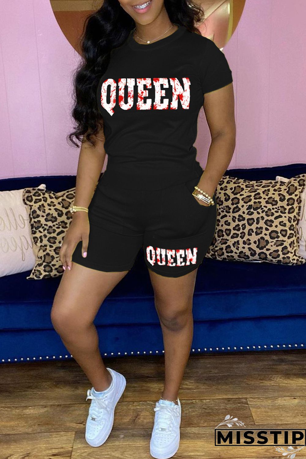 Black Casual Letter Print Basic O Neck Short Sleeve Two Pieces