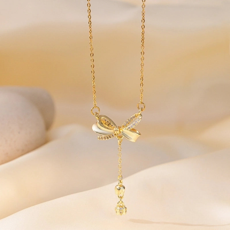 Sweet Minimalist Star Heart Shape Bow Knot Titanium Steel Zircon Plating Inlay Pendant Necklace