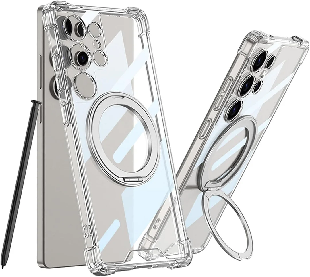 Case for Samsung Galaxy S25 Ultra, Clear Anti-Yellow PC Rugged Cover with Ring Holder Stand Shoockproof Phone Case,Black