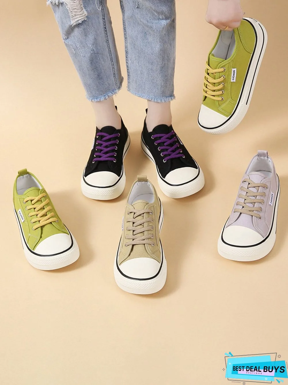 Casual Plain Color Split Joint Comfy Square Toe Lace-Up Canvas Shoes