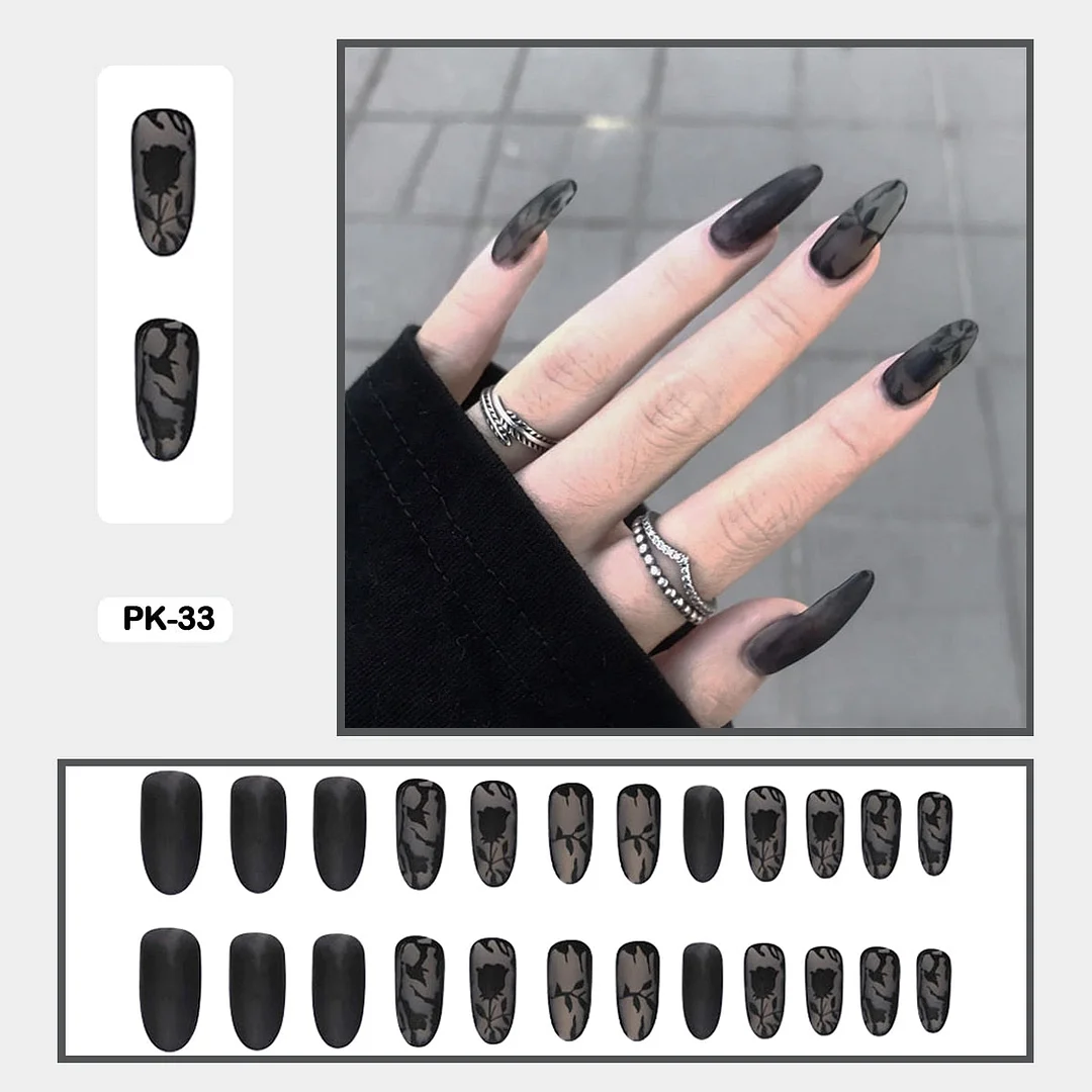 24PCS Dark Punk False Nails with Glue Gradient Long Detachable Fire Stick on Nails Skull Flame  Art DIY Fashion Manicure Tool-Nail Inspo