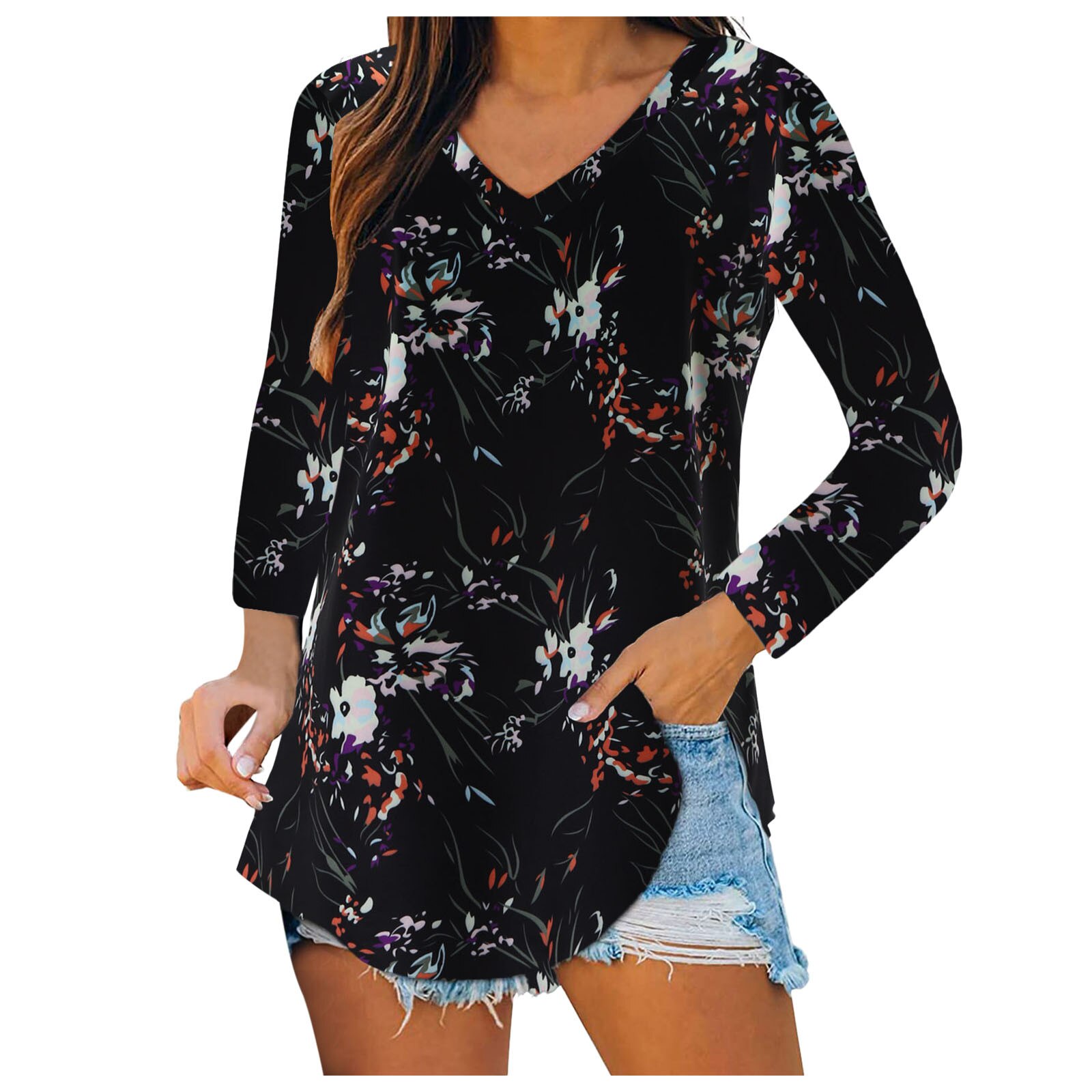 Floral Printed Womens Blouses Long Sleeve V Neck Loose Casual Female T-Shirt Bottoming Casual Vintage Ladies  Clothing