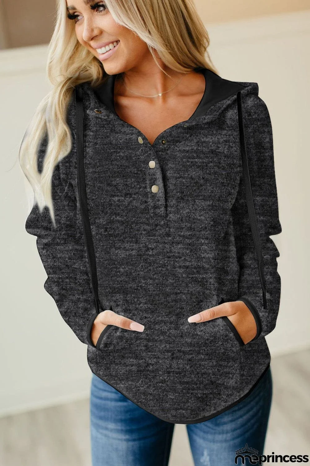 Buttoned Neck Hooded Sweatshirt