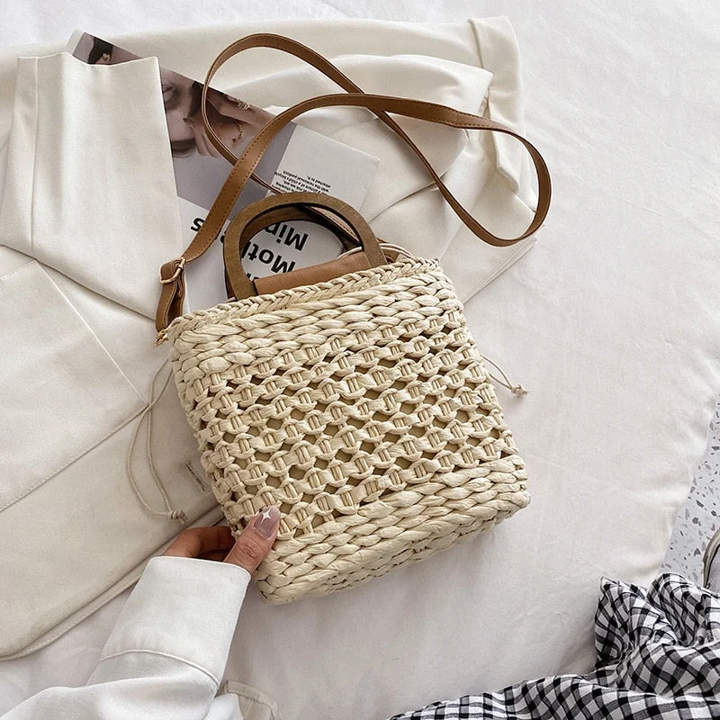 JIOMAY Straw Bags Summer 2022 Women Tote Bags Designer Handbags PurseS Weave Drawstring Closure Wooden Handle Beach Shoulder Bag