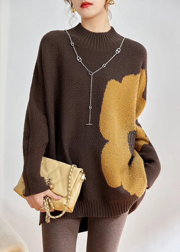 Loose Coffee Turtleneck Zircon Cotton Knit Sweater Long Sleeve