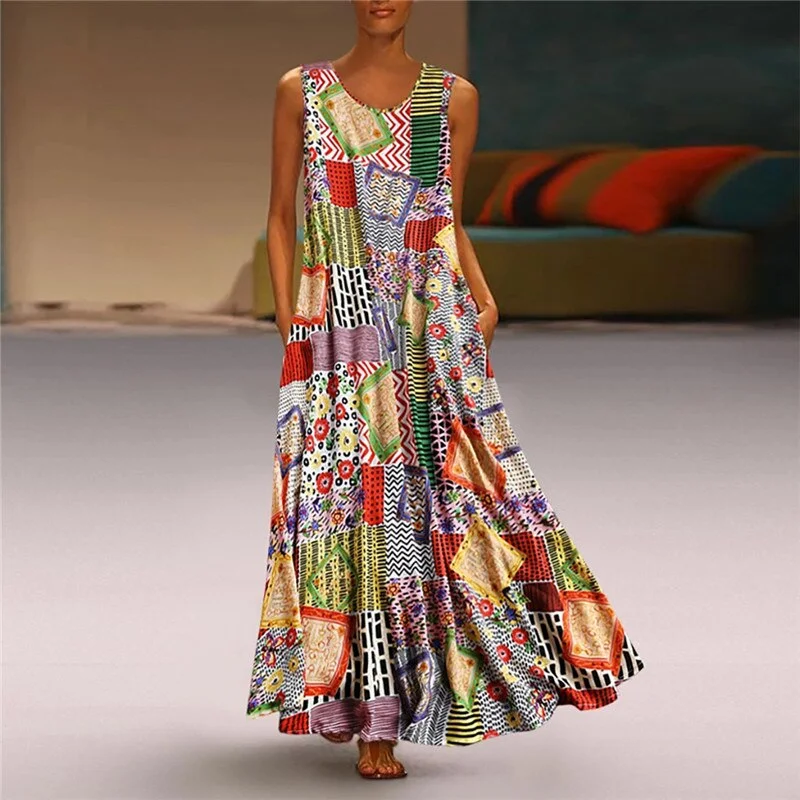 ELSVIOS Plus Size Women Floral Print Sleeveless Button Maxi Dress Elegant Bohemian Summer Long Dress Ladies O-Neck Vintage dress