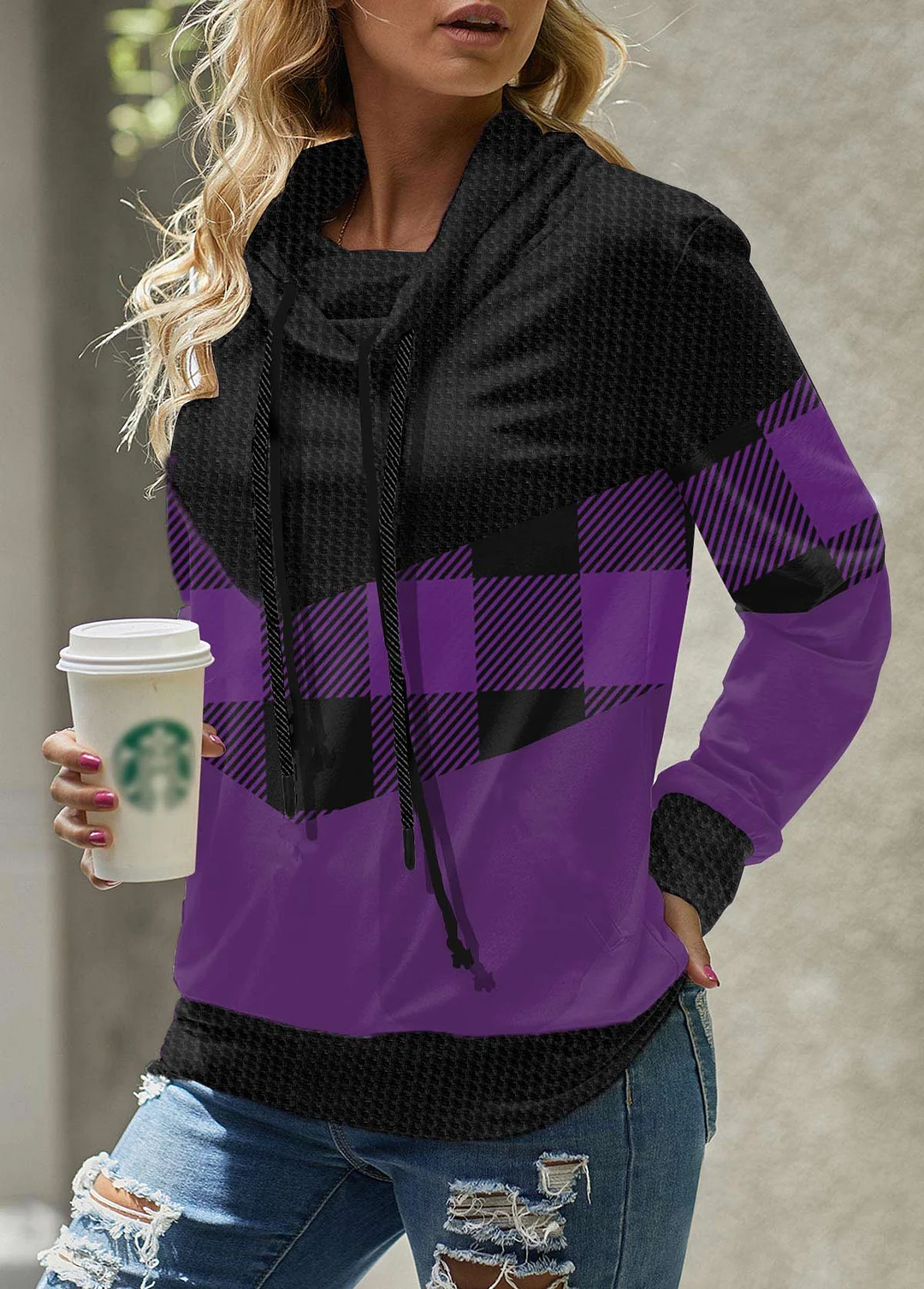 Purple Colorblock Plaid Printed Casual Women's Sweatshirt